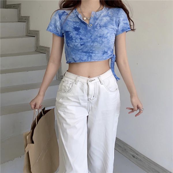 

2021 new retro tie-dye contrast drawstring slim short-sleeved t-shirt t9n2, White