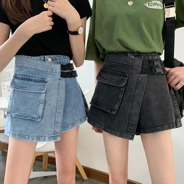 

summer streetwear chic high waist womens shorts denim skirts with buckle female black casual vintage cargo jean skirt, White;black