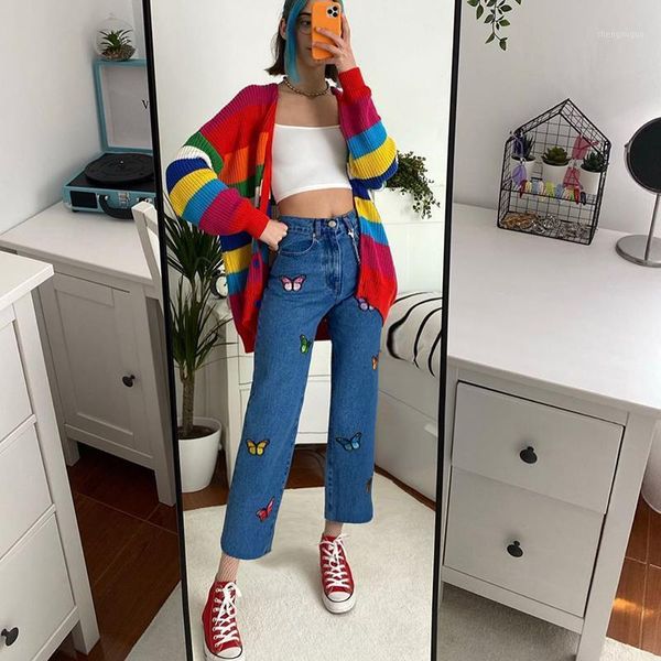 

women's jeans suchcute butterfly print baggy hip hop trousers streetwear gothic slim female dance joggers outfits festival, Blue