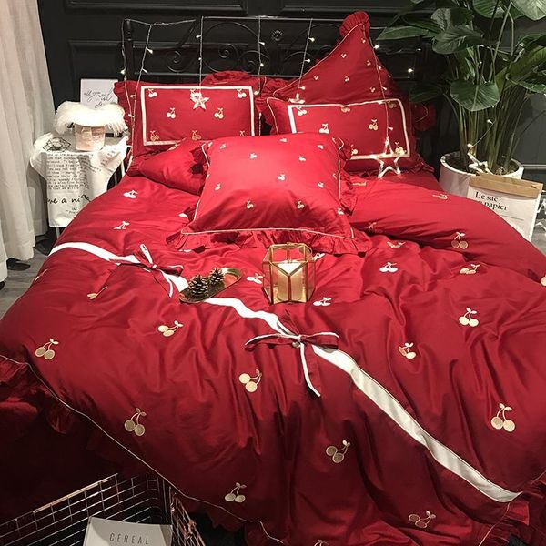 

bedding set pure cotton wedding quilt set cherry embroidery scarlet wedding american extra large four piece