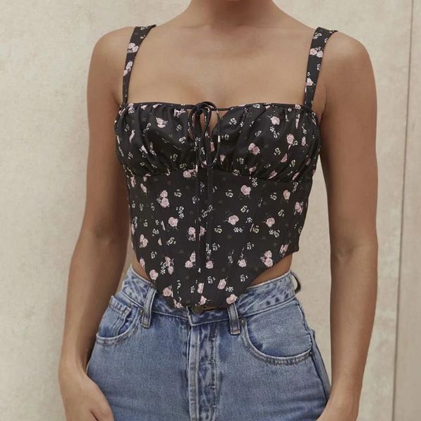 

women's blouses & shirts 2021 summer women crop tunic tube vintage floral sling shirt retro printed blusas lady back zip cropped bow ti, White