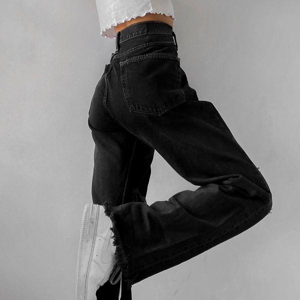 

women's jeans weekeep fashion holes high waist femme pantalon 90s vintage streetwear loose korean trousers joggers women denim pants, Blue
