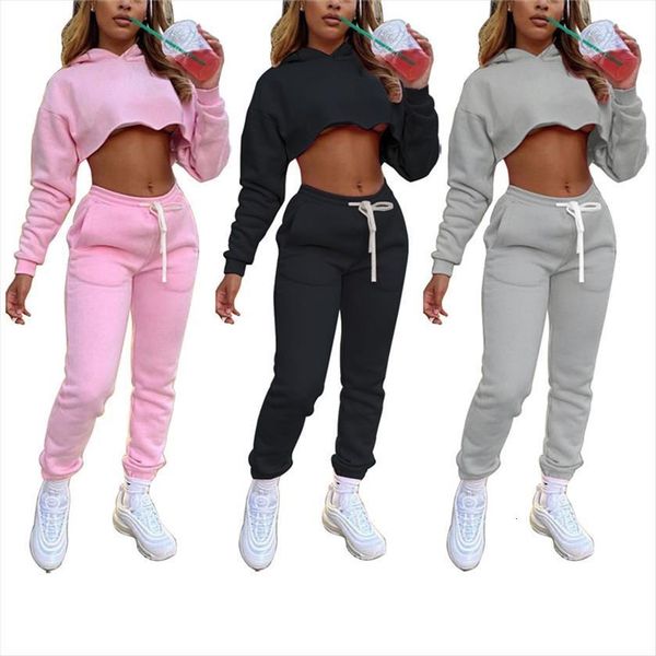 

sports 2 piece set womens pants autumn casual pullover crop and ladies plain tracksuit sweatshirt sweat suits, White