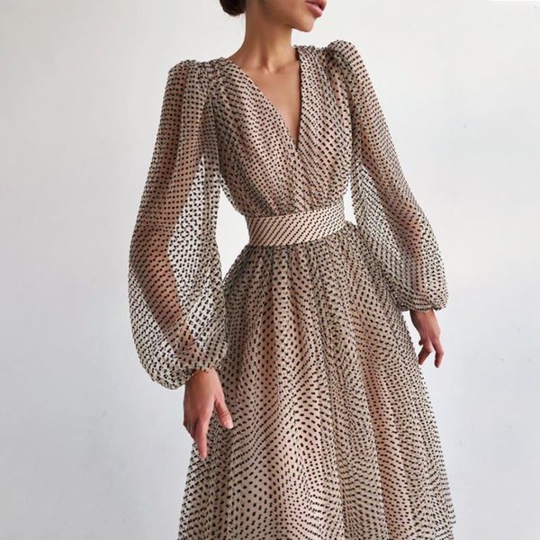 

casual dresses elegant polka dots midi party dress for women autumn puff sleeve lantern v-neck mesh french retro femme vestido, Black;gray