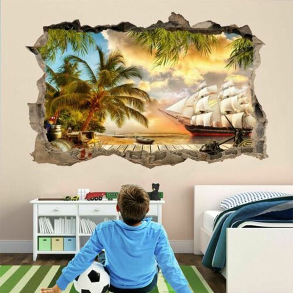 Nuovo PVC Pirate Ship Treasure Island Wall Art Sticker Mural Decal Kids Bedroom Decor 3D pareti rotte sfondo EED4895