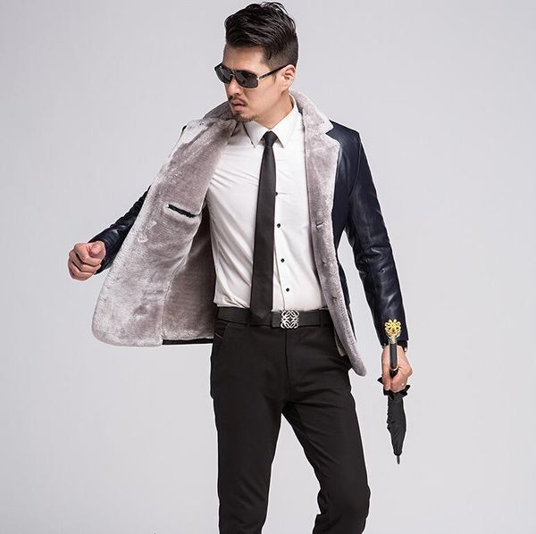 

tang cool 2021 winter men's jacket suit collar leather one fur clothing men genuine jackets cashmere coats h3ez, Black