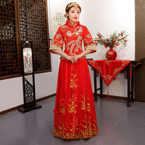 

red traditional qipao national women's clothes abroad chinese style bride fabric cheongsam s-xxxl 4gp0, Blue;red