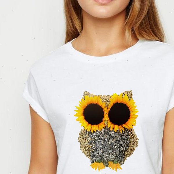 

owl and sunflower graphic printing t shirt 2021 summer korean trend style aesthetic student short sleeve loose tshirt, White