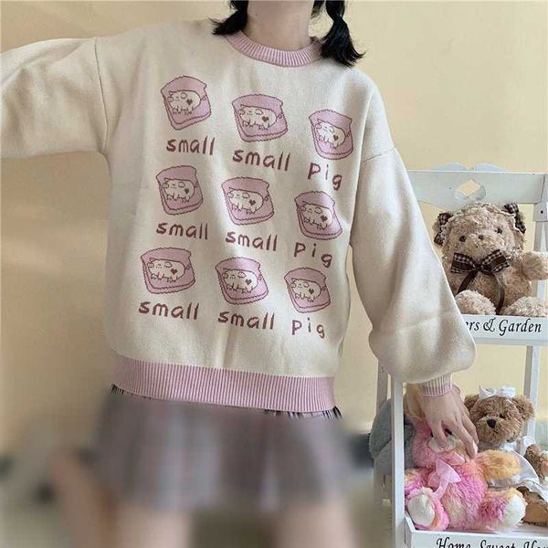 

women's sweaters japanese harajuku kawaii knitted sweater women autumn soft girl teens jumper cute pig clothes winter pink pullove, White;black