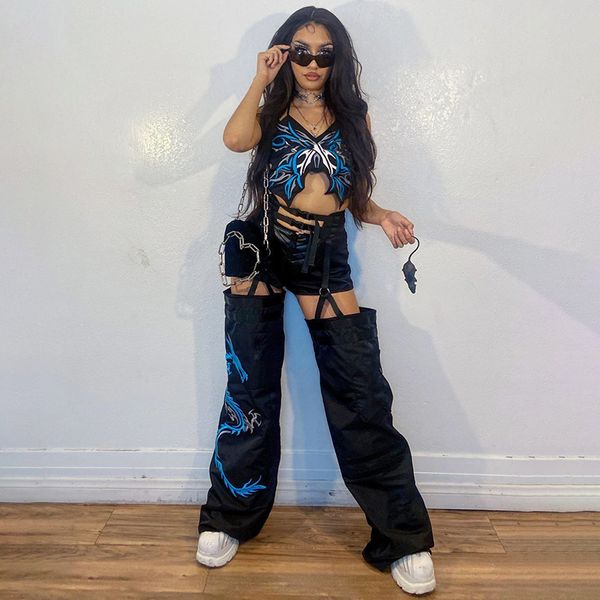 

goth aesthetic printed women straight pants high waist punk style hollow out trousers streetwear fashion 90s outfits, Black;white
