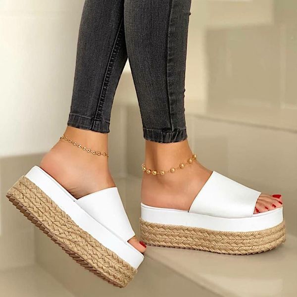 

women slippers wedges bottom casual heels shoes woman braided rope beach slippers platform flat sandals shoes feminino 2021, Black
