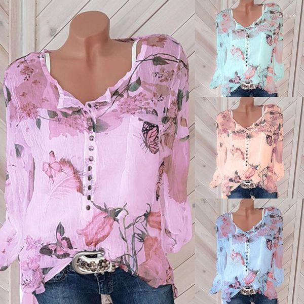 

women's blouses & shirts feitong plus size women 2021 elegant summer floral printed button long sleeve shirt chiffon irregular hem blou, White