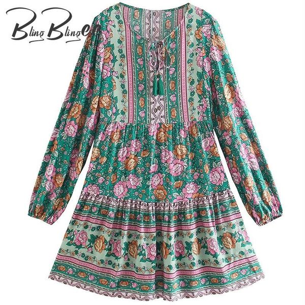 

casual dresses blingblingee female high waist mini dress summer long sleeve tassels tie neck holiday beach women printed 2021, Black;gray