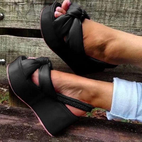 

sandals women plus size foreign trade summer fashion peep toe 7.5cm platform knotbow woven bottom shoes ladies, Black