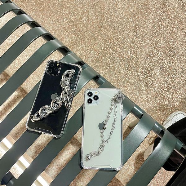 

korea street brooch love heart pearl bracelet transparent phone case for iphone 12 pro max xr xs max x se 6 7 8