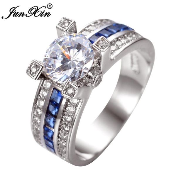 

wedding rings junxin unique jewelry blue round zircon stone ring white gold filled engagement for women men, Slivery;golden