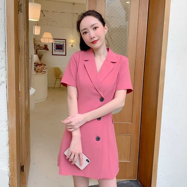

summer french temperament design sense high-end suit collar pink dress solid knee-length 210603, Black;gray