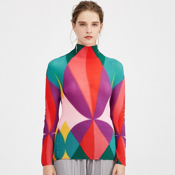 

2021 new the latest creative color graphic print shirt women spring stretch japanese pleated turtleneck t-shirt long sleeve 5206 yu7n, White