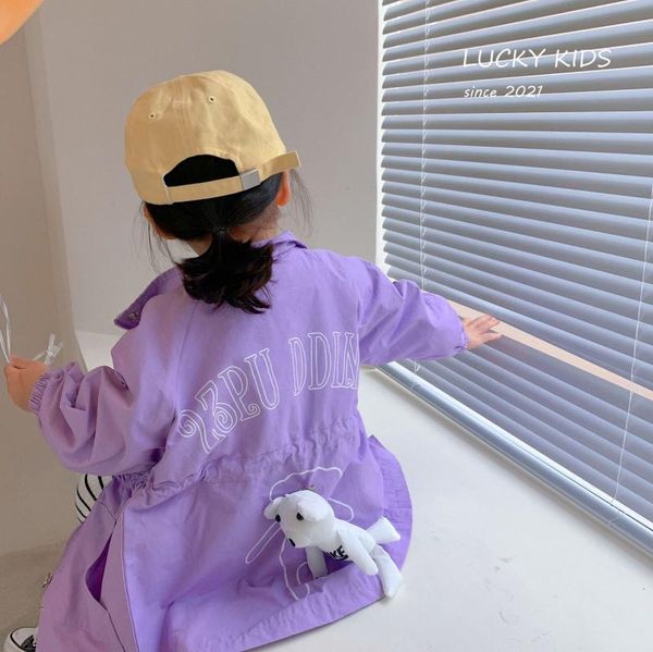 

coat 2021 spring children's long-sleeved windbreaker korean female baby casual jacket cute back bear long 2-7y, Blue;gray