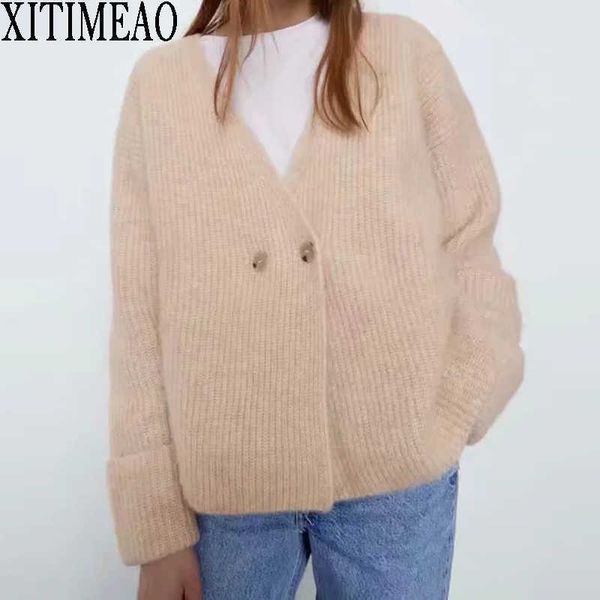 

za women solid color wool sweater button knitted cardigan sweater slim fit v-neck long sleeve ladies fashion autumn 210602, White