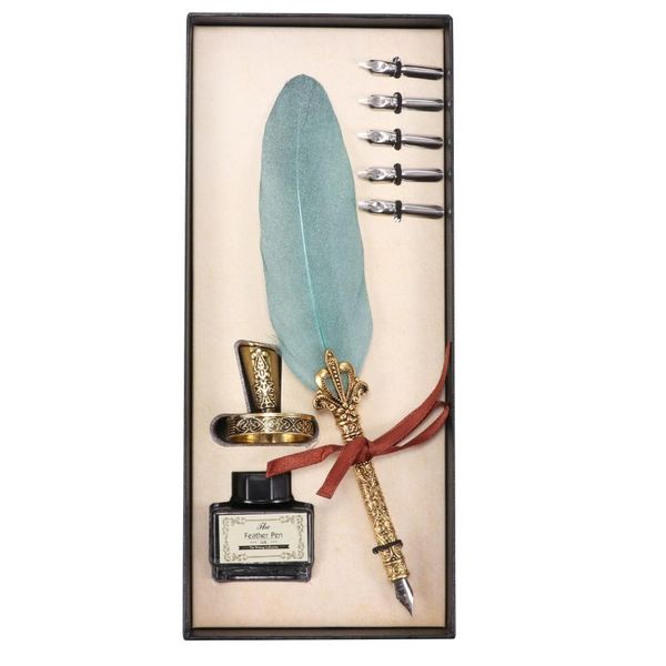 

party favor luxury calligraphy feather dip pen writing ink set stationery gift box with 5 nib wedding quill metal fountain