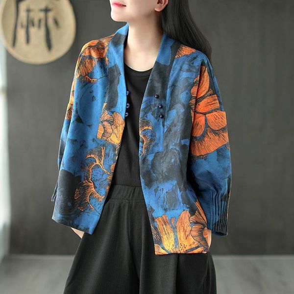 

women's jackets artistic retro ethnic style printed coat three-button autumn loose large version long sleeve cardigan all-match fashion, Black;brown