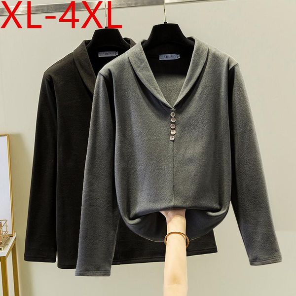 

plus size t-shirt missfansiqi autumn winter women v neck button long sleeve large loose casual tees xl 2xl 3xl 4xl, Black