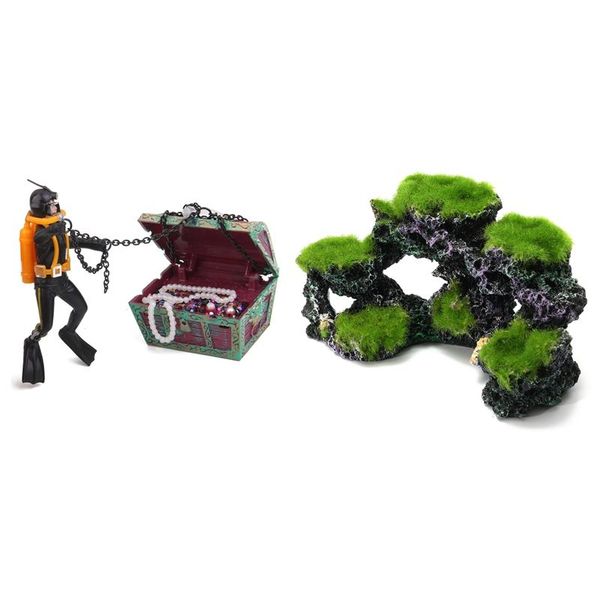 

decorations -2 pcs resin aquarium coral reef moss rock treasure fish tank marine island ornament cave decor green & black
