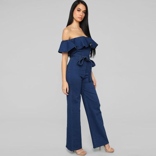 

women's jumpsuits & rompers women off shoulder ruffled backless silm fit denim with belt, Black;white