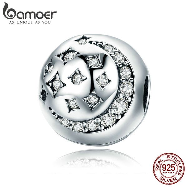 Bamoer Alta Qualidade 925 Sterling Silver Moon Star Starrper Clip Sparkling CZ Beads Fit Charme Pulseira DIY Jóias SCC813 Q0531
