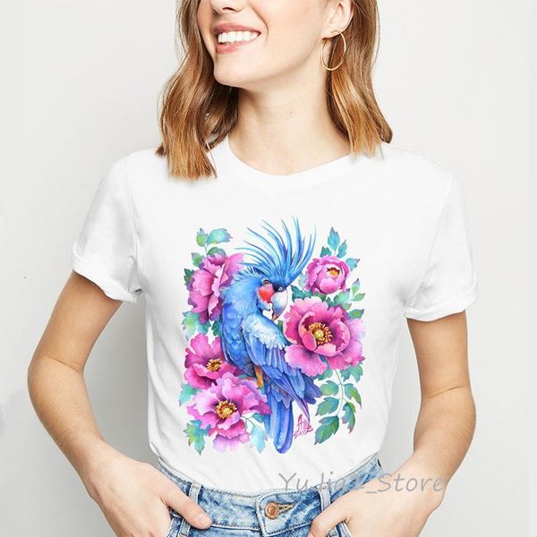 

blue parrot pink peonies classic tshirt women watercolor print tee shirt femme kawaii white t shirt woman clothes ng