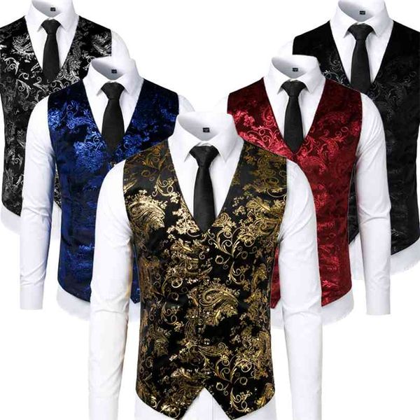 

gold steampunk vest men suit gilet homme wedding sleeveless slim fit paisley floral dress vests for single buttons waistcoat 210923, Black;white