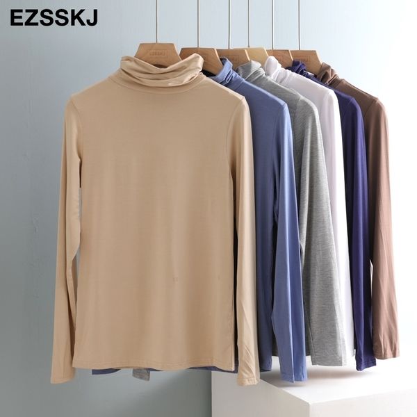 

autumn winter bottom cotton long sleeve high-neck t shirt women casual slim basic t shirt solid color tee female 210315, White