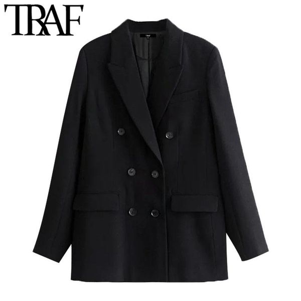 

women's suits & blazers traf women fashion double breasted black blazer coat vintage long sleeve pockets female outerwear chic veste fe, White;black
