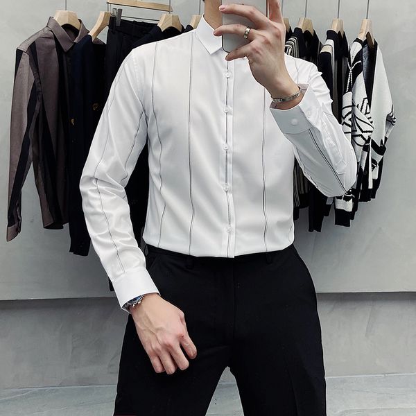 

2021 new estilo britnico de alta qualidade homens negcios listrado camisas manga longa simples fino ajuste casual formal usar blusa homme 3x, Black;brown