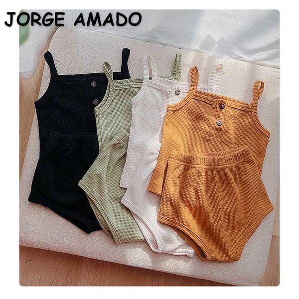 Atacado verão bebê meninas pijamas conjuntos sólido cor sling colete + triângulo shorts home ternos caseiros desgaste crianças roupas e09 210610