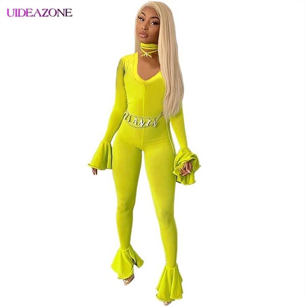 

women's jumpsuits & rompers uideazone 2021 autumn women bodycon jumpsuit elegant v neck long ruffles sleeve solid club romper playsuit, Black;white