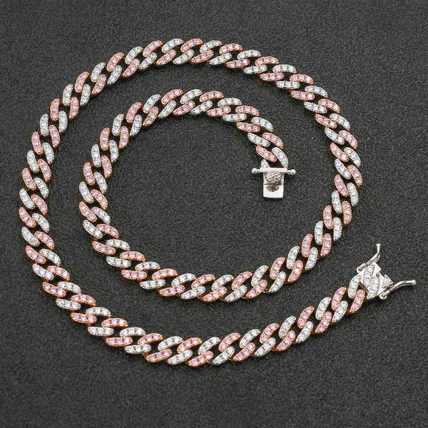 

hip hop necklace 9mm single row pink white zircon hip cuba chain men's and women's accessories, Black