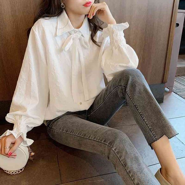 

lace up bow white spring womens shirt autumn long sleeve ruffled flower dark pattern blusas ropa de mujer