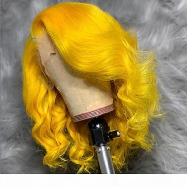 

yellow ombre wave bob lace front wigs human hair 13x4 pre plucked red green ombre short bob wigs for black women bleach knots, Black;brown