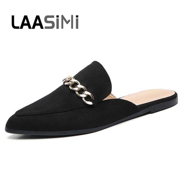 

women's wrap toe mules slippers summer chain fashion ladies flat slides shoes woman elegant solid footwear large size laasimi, Black
