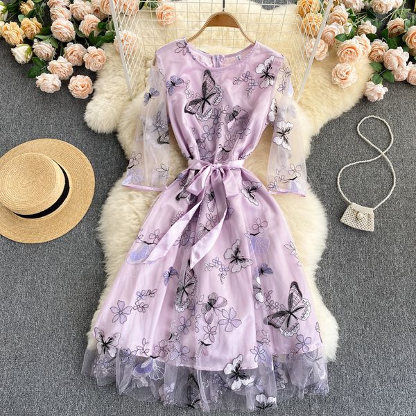 

sweet pink/purple mesh embroidered dress women summer fairy butterfly pattern long sleeve o-neck casual vestidos female 2021, Black;gray