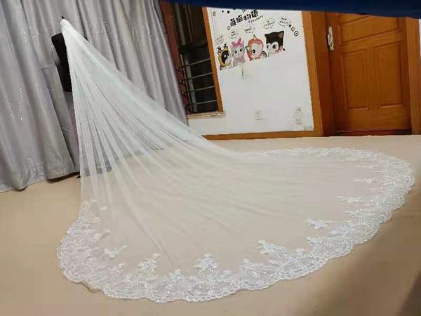 

bridal veils real po 4 meters long full edge lace wedding veil one layer white ivory tulle with comb, Black
