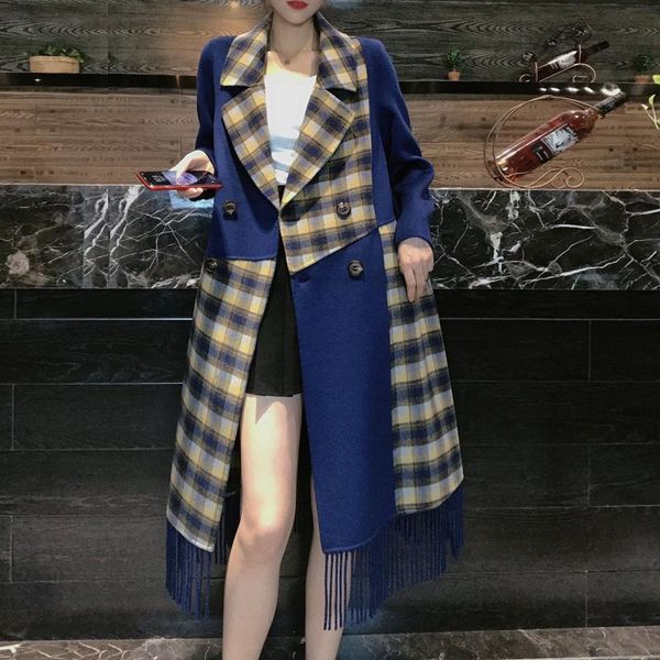 

women's wool & blends woolen coat women mid-length 2021 winter plaid fringed, Black