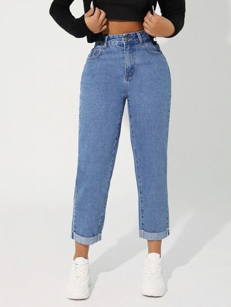 

petite high waist roll hem mom cropped jeans t6wf#, Blue