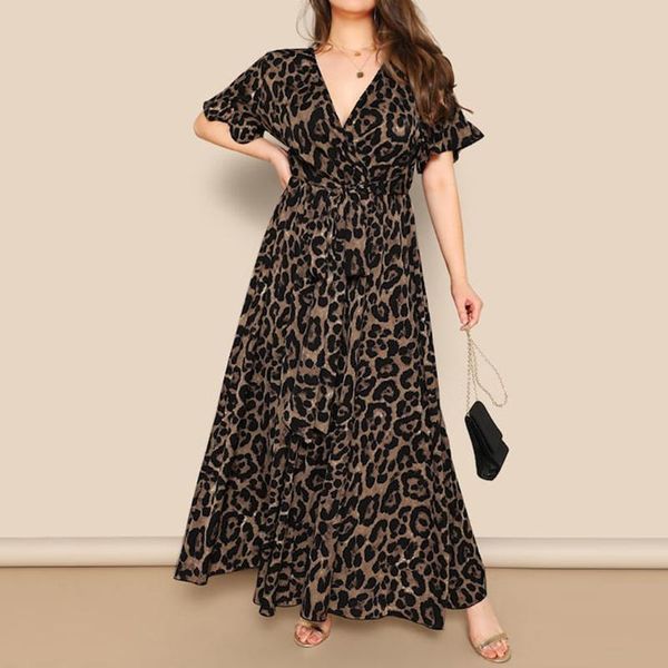 

casual dresses fashion women plus size leopard print v-neck dress for 2021 elegant party summer long sleeve, Black;gray