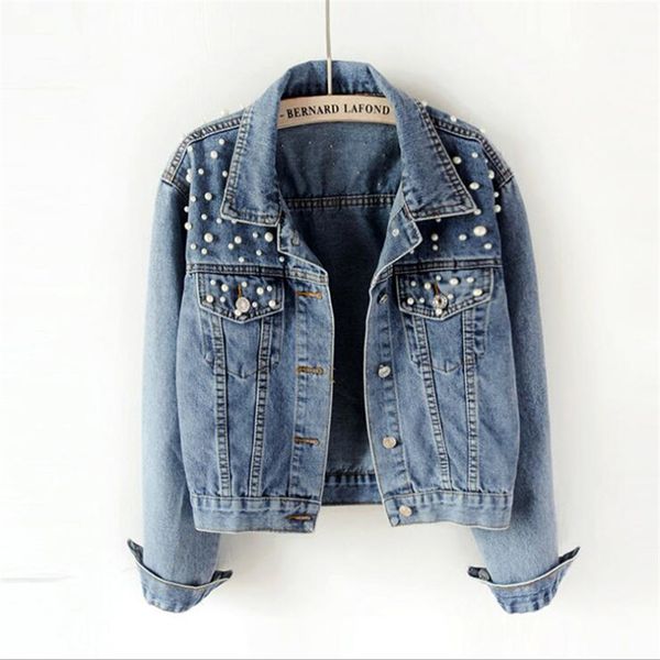 

2021 spring and autumn new women's short jeans fashion coat nail pearl loose spring and autumn new jeans, Black;brown