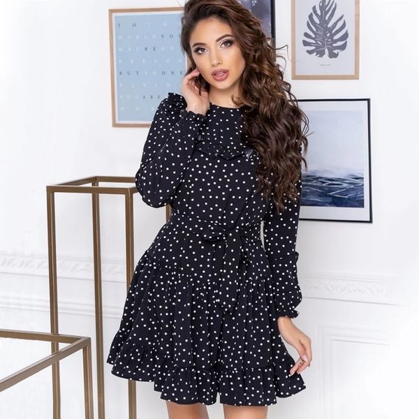 

cvyataya ladies dot print ruffles sashes a line dress women fashion back keyhole o neck long sleeves mini autumn dresses 210316, Black;gray
