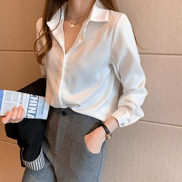 

women's blouses & shirts workwear white blouse women elegant ol long sleeve single-breasted turn-down collar girls plus size