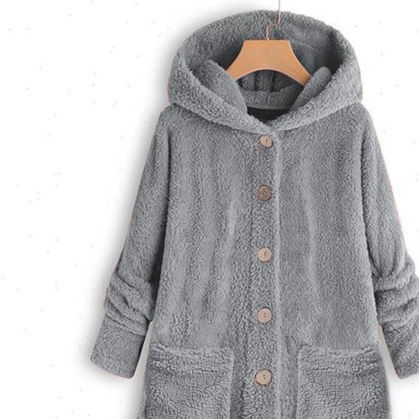 

2021 fashion button plush cotton winter jacket solid color loose cardigan wool coat winter brief plus size jacket coat, Black
